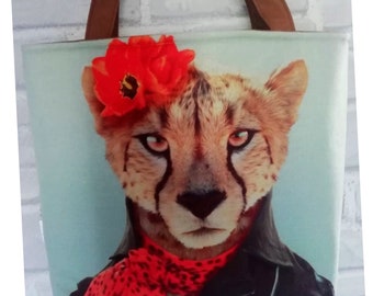 Grand sac cabas "guepard au coquelicot "