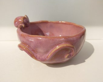 Small hand built pinch bowl with mouse decoration