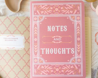 Notes & Thoughts | Stitched Lined Notebook, Note-taking, Back To School Notebook, Journaling, Vintage inspired book cover