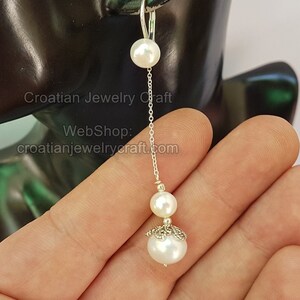 Long White Pearl Dainty Chain Earrings, Natural Pearl Dangle Earrings, Freshwater Pearl, Wedding Jewelry, Drop Pearl Earrings