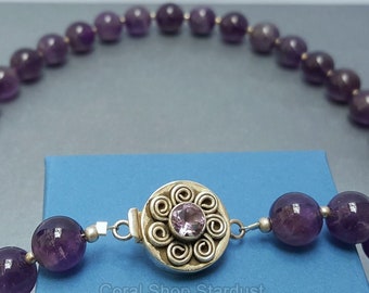 Round Beaded Natural Amethyst Necklace, Decorative Pendant Clasp Solid Sterling Silver Necklace, Purple Stone Necklace, Necklaces For Women