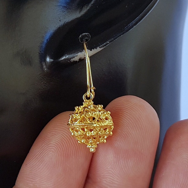 Traditional Croatian Filigree Ball Earrings, 24k Gold Plated Dangle Earrings, Dubrovnik jewelry Gold Plated Sterling Silver Everyday Jewelry