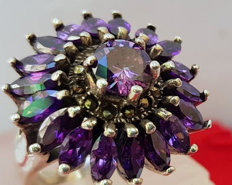 Natural Amethyst Ring w Marcasite, Sterling Silver Ring, Retro Ring, Violet Stone Rings, Purple Ring, Gemstone ring February Birthstone Ring