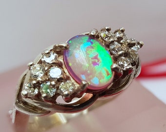 Fire Opal Ring w Zircon, Sterling Silver Ring, Flower Ring, Pink Opal Ring, Rose CZ Ring, October Birthstone Ring, Women's Ring, Bezel Ring