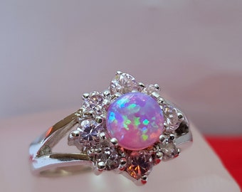 Fire Opal Ring w Zircon, Sterling Silver Ring, Flower Ring, Pink Opal Ring, Rose CZ Ring, October Birthstone Ring, Women's Ring, Bezel Ring
