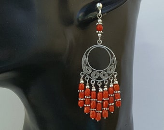 Unique Long Red Coral Earrings, Large Sterling Silver Chandelier Filigree Earrings, Precious Untreated Mediterranean Coral Bridal Earrings