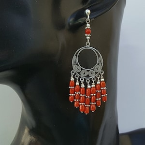 Unique Long Red Coral Earrings, Large Sterling Silver Chandelier Filigree Earrings, Precious Untreated Mediterranean Coral Bridal Earrings