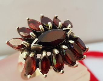 Garnet Flower Ring, Garnet Gemstone Ring, Red Floral Silver Ring, Silver Ring Garnet  Statement Ring, One of a kind ring, Boho Ring