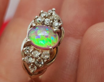 Fire Opal Ring w Zircon, Sterling Silver Ring, Flower Ring, Pink Opal Ring, Rose CZ Ring, October Birthstone Ring, Women's Ring, Bezel Ring