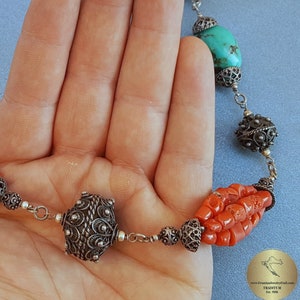 Dubrovnik Filigree Ball Necklace, Coral and Turquoise Statement Necklace, Mediterranean Orange- Red Coral Necklace, Sterling Silver Necklace