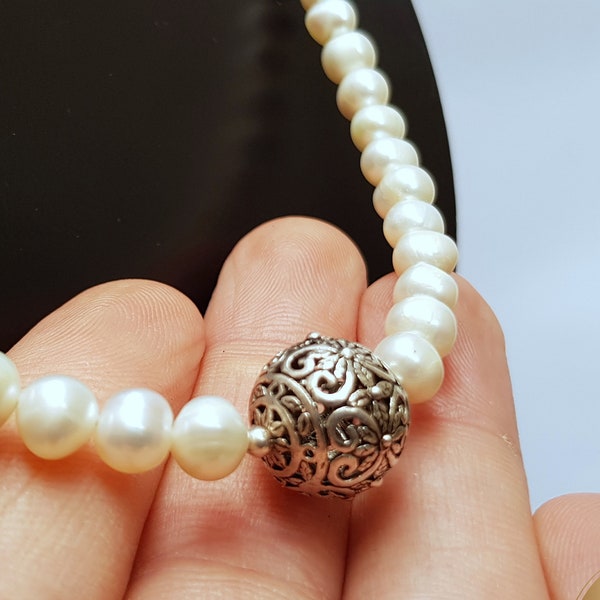 Beaded White Pearl Necklace, Freshwater Pearl Necklace, Floral Silver Ball Necklace, Unique Pearl Wedding Necklace, Sterling Silver Necklace