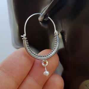 Croatian Hoop Earrings, Sterling Silver Filigree Hoops, White Pearl Dangle Hoops, Konavle Earrings, Dubrovnik Jewelry, Wedding Jewelry