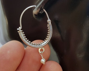 Croatian Hoop Earrings, Sterling Silver Filigree Hoops, White Pearl Dangle Hoops, Konavle Earrings, Dubrovnik Jewelry, Wedding Jewelry