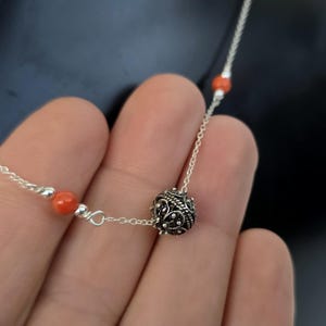 Mediterranean Coral Chain Necklace With Traditional Croatian Filigree Ball, Dubrovnik Filigree Salmon Red Coral Necklace