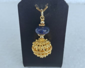 24k Gold Plated Traditional Croatian Jewelry, Dubrovnik Filigree Ball Pendant, Lapis Pendant, Sterling Silver Ball Pendant, Ethno Wedding