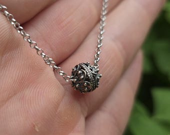Croatian Minimalist Silver Dainty Chain Necklace, Ball Pendant Necklace, Dubrovnik Filigree Ball Necklace, Oxidized Sterling Chain Necklace