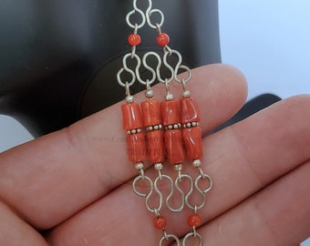 Red Coral Chandelier Earrings, Long Earrings, Undyed Mediterranean Coral Statement Earrings, Unique Artisan Earrings, Silver Bridal Earrings