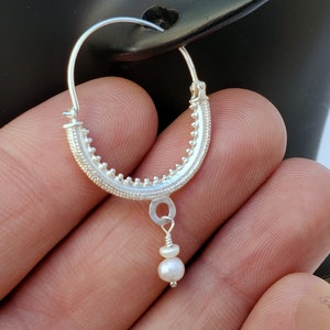 Croatian Hoop Earrings, Sterling Silver Filigree Hoops, White Pearl Dangle Hoops, Konavle Earrings, Dubrovnik Jewelry, Wedding Jewelry