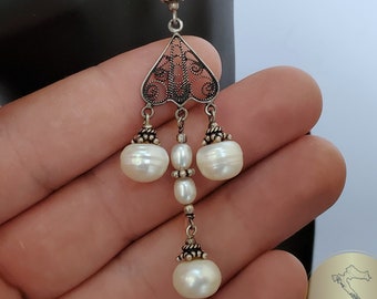 Long White Pearl Earrings, Unique Handmade Sterling Silver Filigree Earrings, Natural Freshwater Pearl Dangle Earrings, Chandelier Earrings