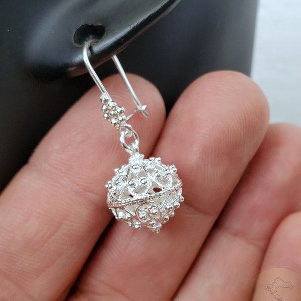 Traditional Croatian Hook Earrings, Sterling Silver Earrings, Filigree Ball Earrings, Dubrovnik Earrings, Handmade Metalwork Earrings