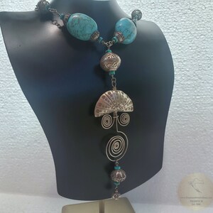 Bold Statement Turquoise Necklace w Vintage Unique Handmade Pendant and Turquoise Gemstone Necklace, Sterling Silver Pendant Necklace, Boho