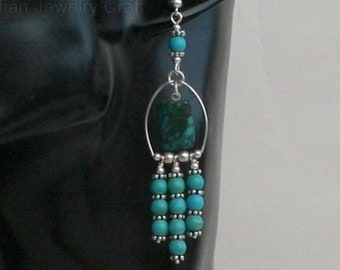 Unique Turquoise Chandelier Earrings, Natural Turquoise Statement Earrings, Long Dangle Earrings, Solid Sterling Silver Earrings