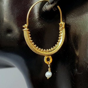 Croatian Filigree Hoop Earrings, Gold Plated Hoop Earrings, Pearl Dangle Hoops, Wedding Earrings, 24k Gold Plated Sterling Silver Earrings