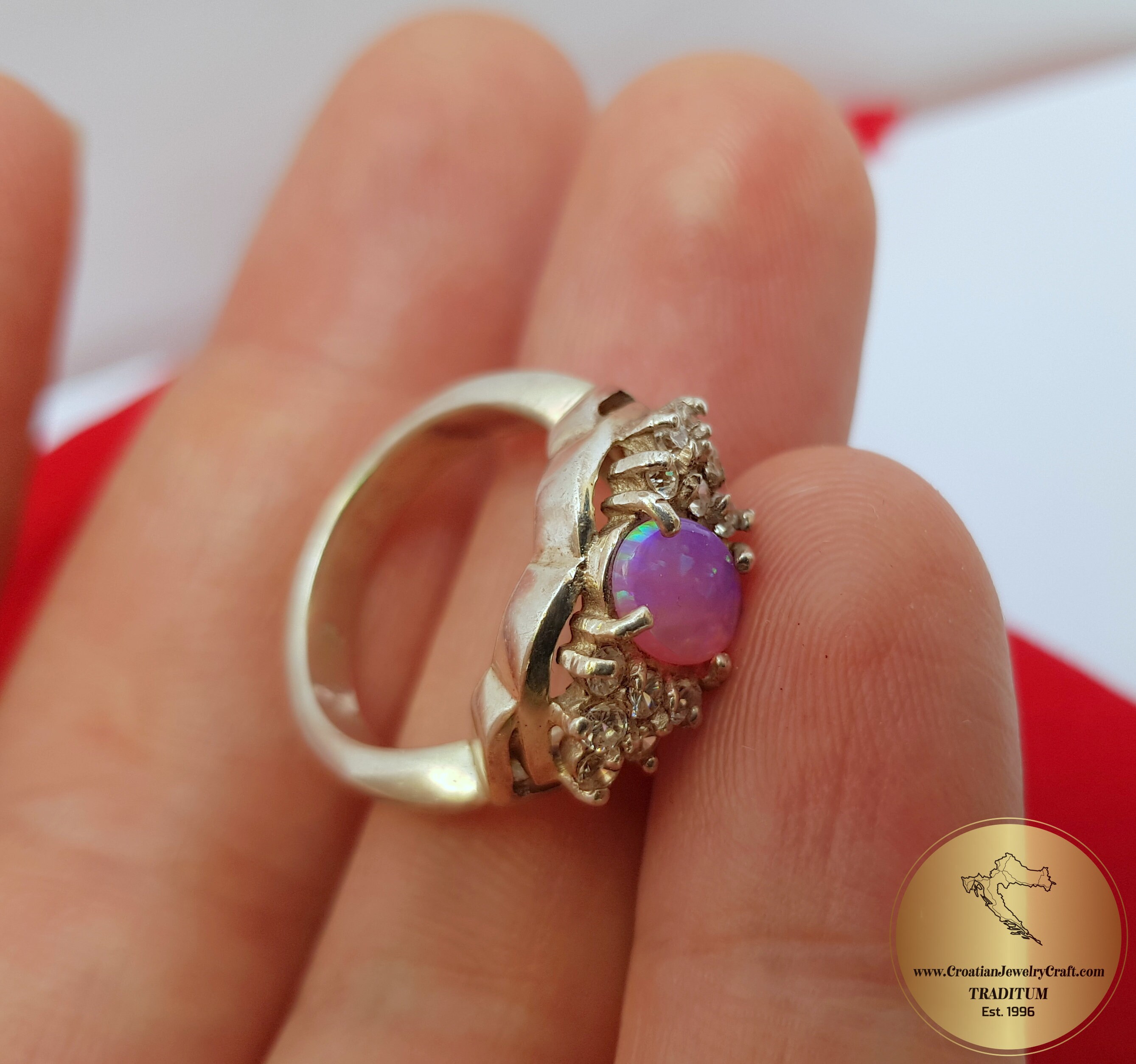 Bague Argentée Avec Opale De Feu Bleu, Rose, Blanc Et Zircon - Taille 9 - Neuf Sans Emballage