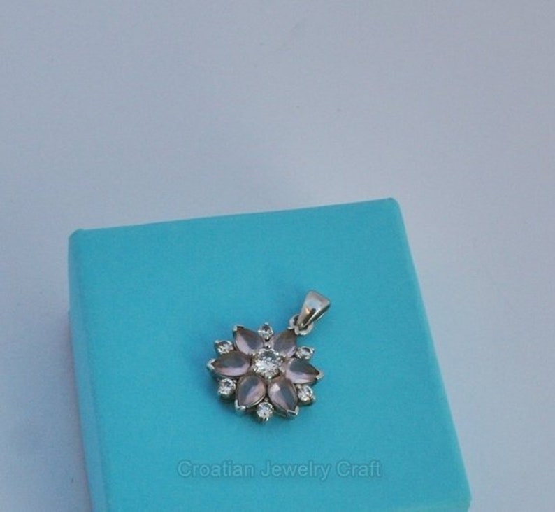 Flower Shaped Rose Quartz Pendant w White Zircon Genuine Gemstone Pendant Rose Stone Pendant Rose Gemstone Sterling Silver Pendant