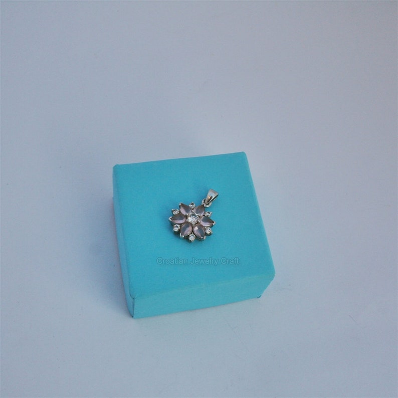 Flower Shaped Rose Quartz Pendant w White Zircon Genuine Gemstone Pendant Rose Stone Pendant Rose Gemstone Sterling Silver Pendant