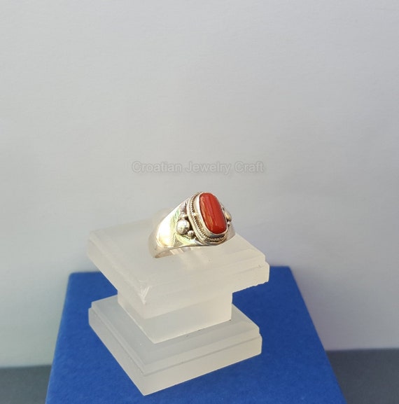 Mediterranean Coral Womens Ring Red Coral Ring Red ring Red Bead Ring Handmade Ring Bezel ring 925 Silver Ring Simple Ring Silver