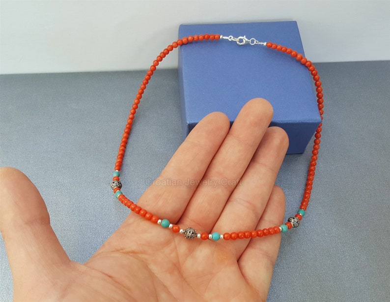 Undyed Natural Coral Necklace Dubrovnik Filigree Necklace Mediterranean Red Coral and Turquoise Necklace Solid Sterling Silver Necklace