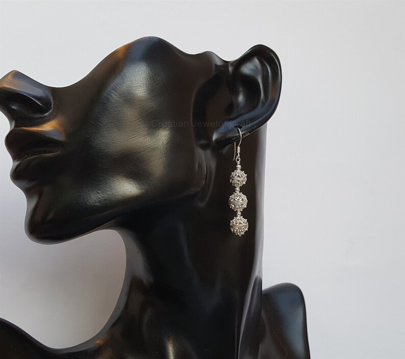 Dubrovnik Earrings Sterling Silver Filigree Earrings Croatian Earrings Handmade Dangle Earrings Simple Silver Triple Ball Earrings