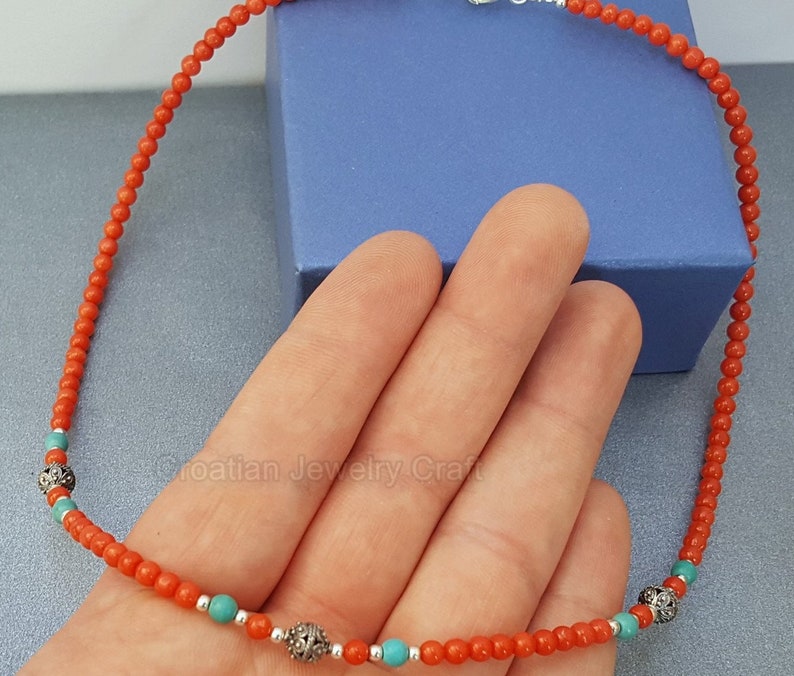 Undyed Natural Coral Necklace Dubrovnik Filigree Necklace Mediterranean Red Coral and Turquoise Necklace Solid Sterling Silver Necklace