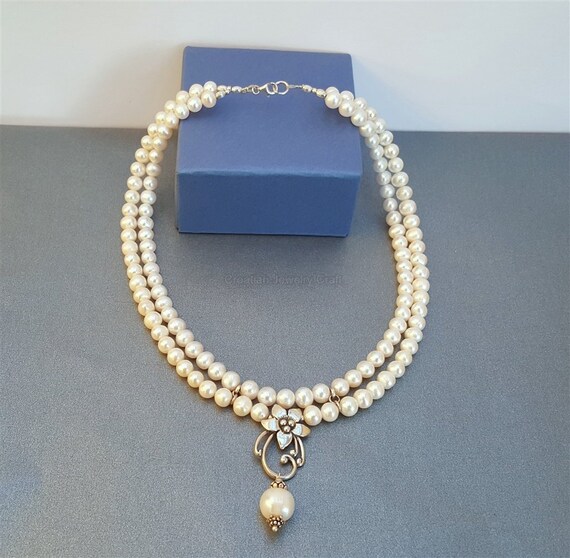 Beaded Double Strand White Pearl Necklace Freshwater - Double Strand Pearl Necklace With Pendant Beaded Double Strand White Pearl Necklace Freshwater - Double Strand Pearl Necklace With Pendant