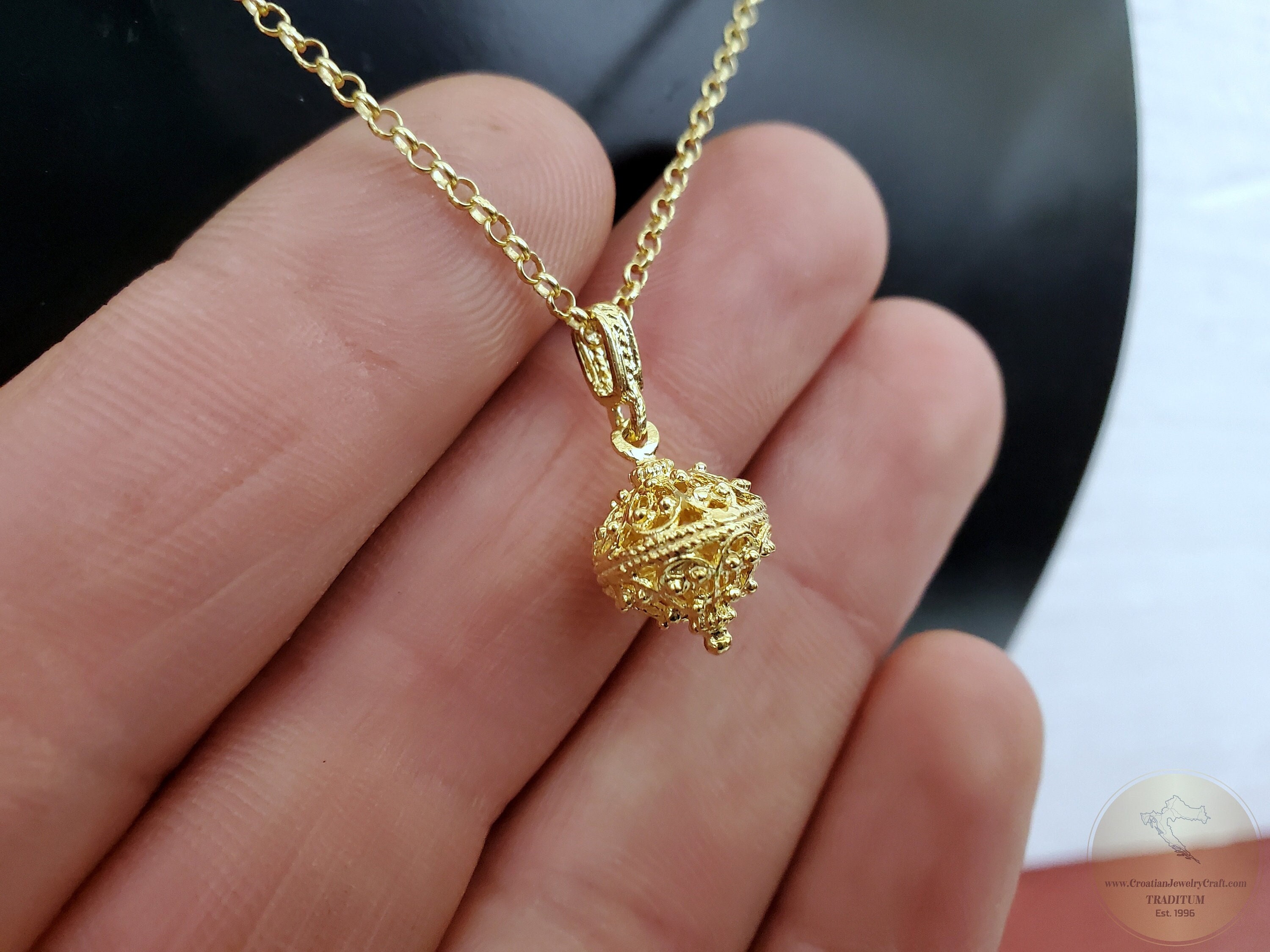 14K Gold Minimalist Pendant, Croatian Filigree Ball Pendant Necklace, Solid Gold Dainty Pendant, Dubrovnik Filigree Pendant with Leather Cord /