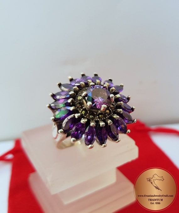 Natural Amethyst Ring w Marcasite, Sterling Silver Ring, Retro Ring, Violet Stone Rings, Purple Ring, Gemstone ring February Birthstone Ring