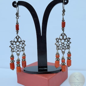 Große Korallen Ohrringe, Lange Korallen Ohrringe, Statement Korallen Ohrringe, Mittelmeer Koralle Chandelier Ohrringe, Sterling Silber Ohrringe