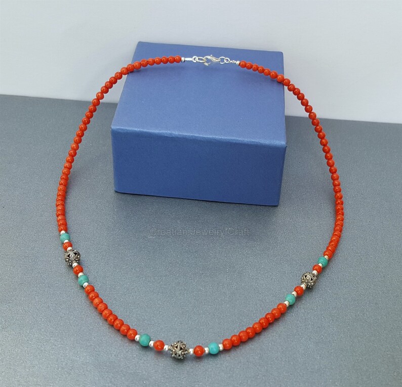 Undyed Natural Coral Necklace Dubrovnik Filigree Necklace Mediterranean Red Coral and Turquoise Necklace Solid Sterling Silver Necklace