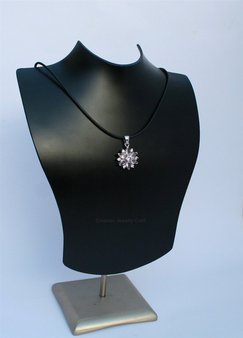 Flower Shaped Rose Quartz Pendant w White Zircon Genuine Gemstone Pendant Rose Stone Pendant Rose Gemstone Sterling Silver Pendant