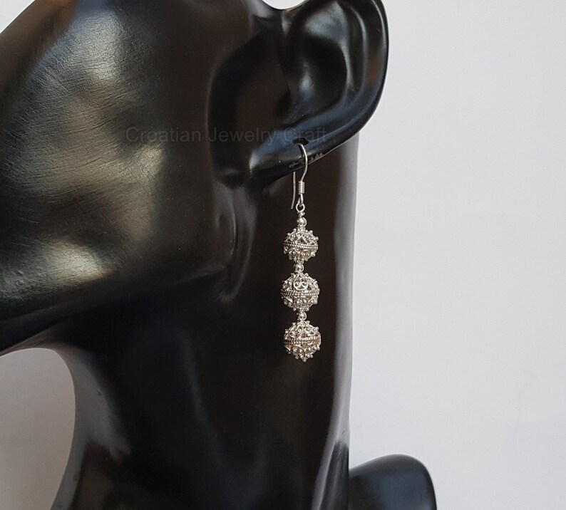 Dubrovnik Earrings Sterling Silver Filigree Earrings Croatian Earrings Handmade Dangle Earrings Simple Silver Triple Ball Earrings