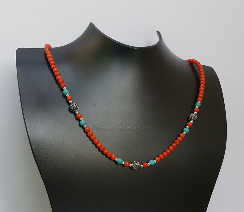 Undyed Natural Coral Necklace Dubrovnik Filigree Necklace Mediterranean Red Coral and Turquoise Necklace Solid Sterling Silver Necklace