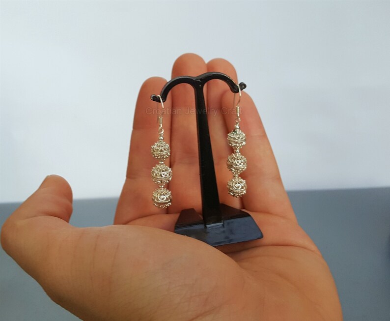 Dubrovnik Earrings Sterling Silver Filigree Earrings Croatian Earrings Handmade Dangle Earrings Simple Silver Triple Ball Earrings