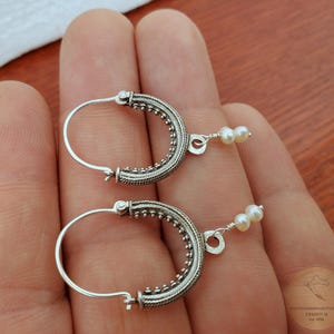 Croatian Hoop Earrings, Sterling Silver Filigree Hoops, White Pearl Dangle Hoops, Konavle Earrings, Dubrovnik Jewelry, Wedding Jewelry