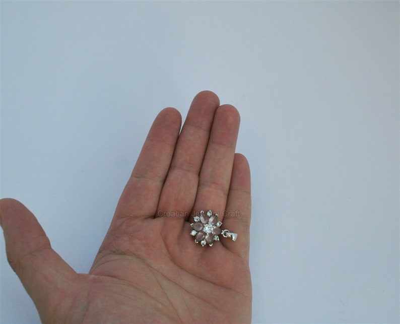 Flower Shaped Rose Quartz Pendant w White Zircon Genuine Gemstone Pendant Rose Stone Pendant Rose Gemstone Sterling Silver Pendant