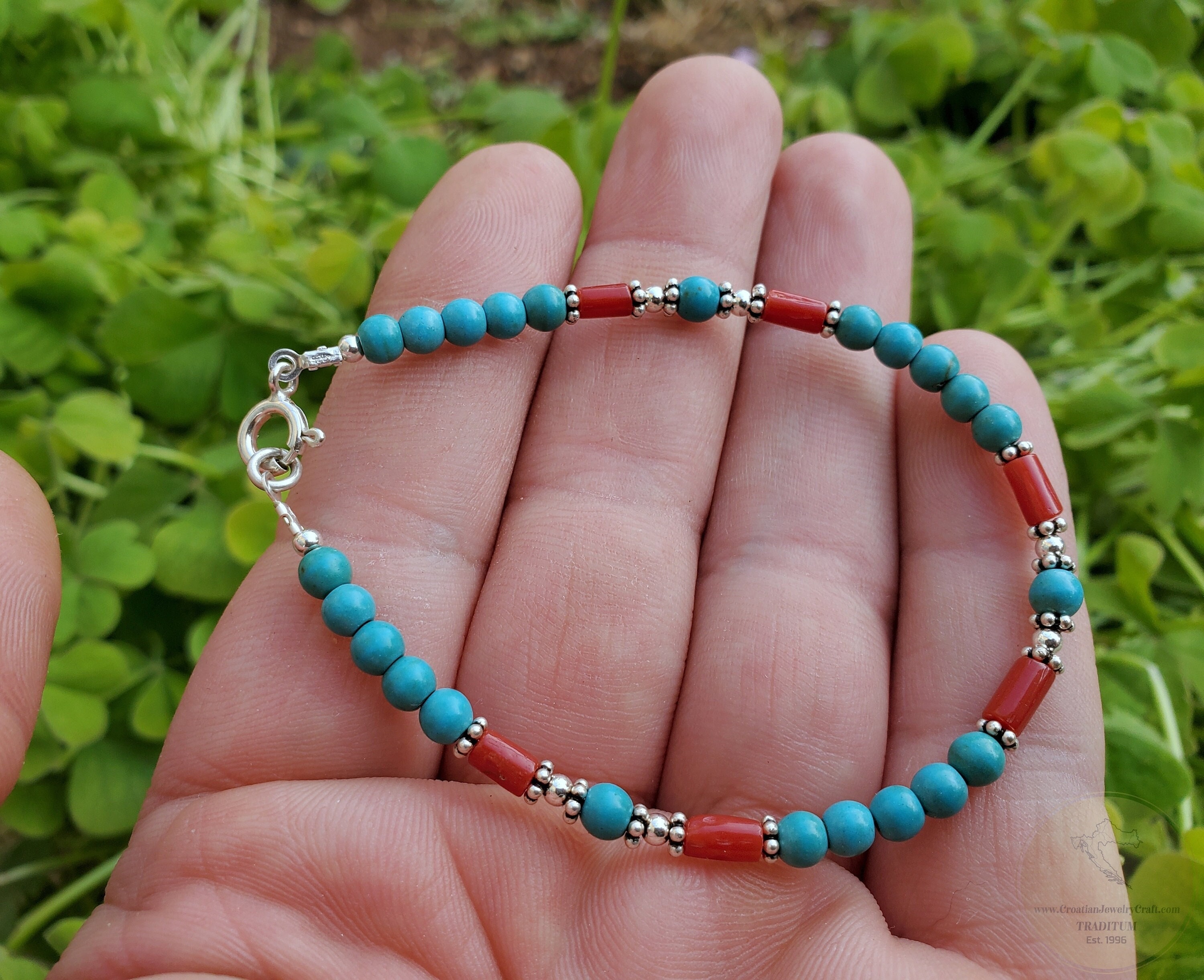 Small Round Bead Turquoise Bracelet Red Mediterranean Coral