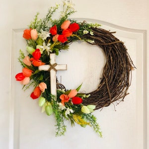 Tulip Spring Wreath: Religious Home Decor with Cross