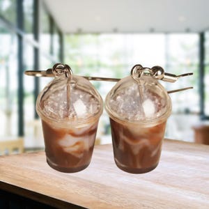 Miniature Iced Coffee Cup Earrings, Novelty Food Jewelry, Drink Dangle Earrings