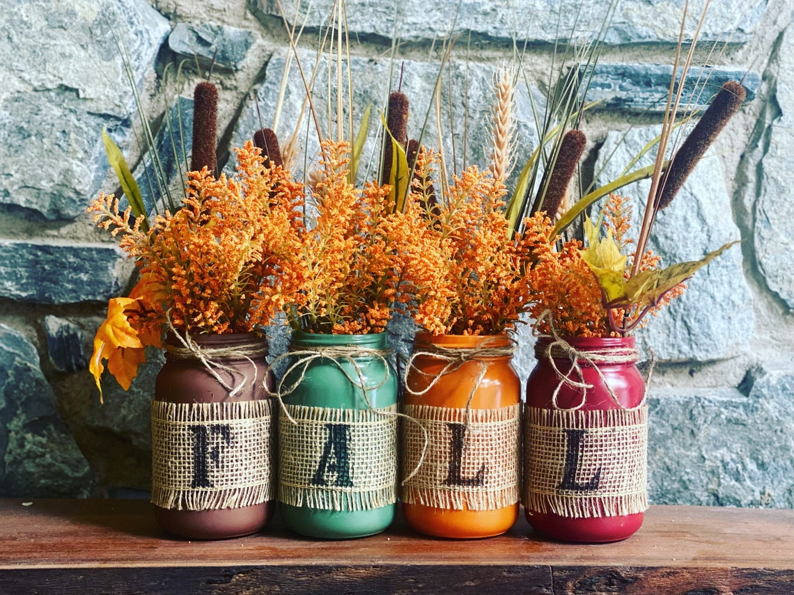 Fall Mason Jar Flower Display. Sold as a Set. Handcrafted Etsy