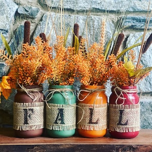 Fall mason jar flower display. Sold as a set. Handcrafted! Farmhouse fall decor. Fall mantle price. Rustic fall decor. Autumn home decor.